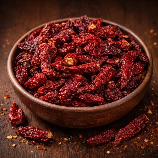 Clay bowl filled with dried Kashmiri red chillies