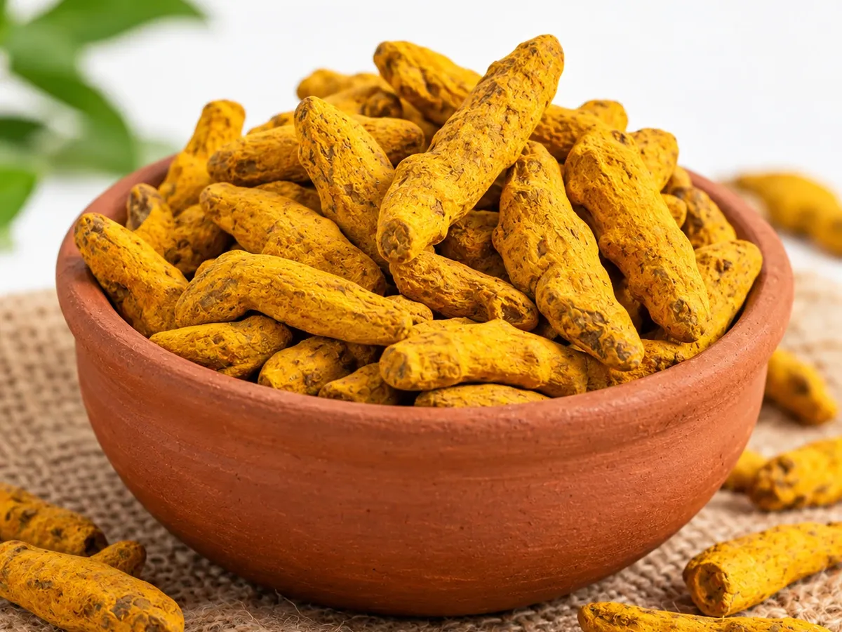 Clay bowl of whole dried turmeric fingers on jute cloth